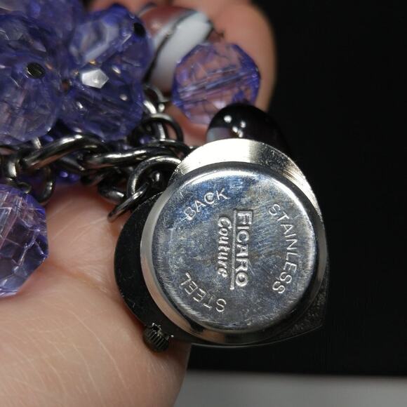 Vintage Purple Bead Watch Bracelet, Charms, Signed Ficaro Couture, Needs Battery - Picture 6 of 10